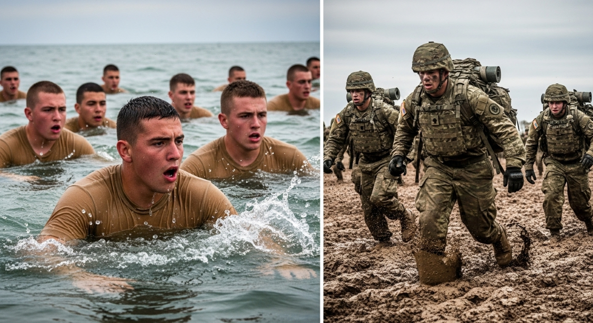 Navy recruits training in ocean water beside Army soldiers running through muddy terrain during boot camp.