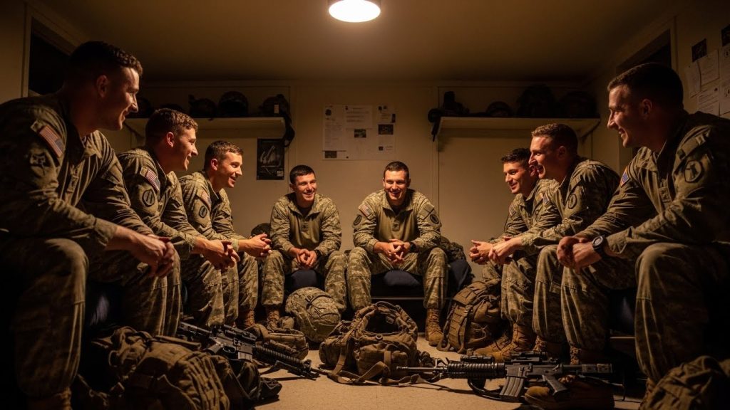 Soldiers in uniform sitting in a circle inside a barracks room, talking and bonding after training.