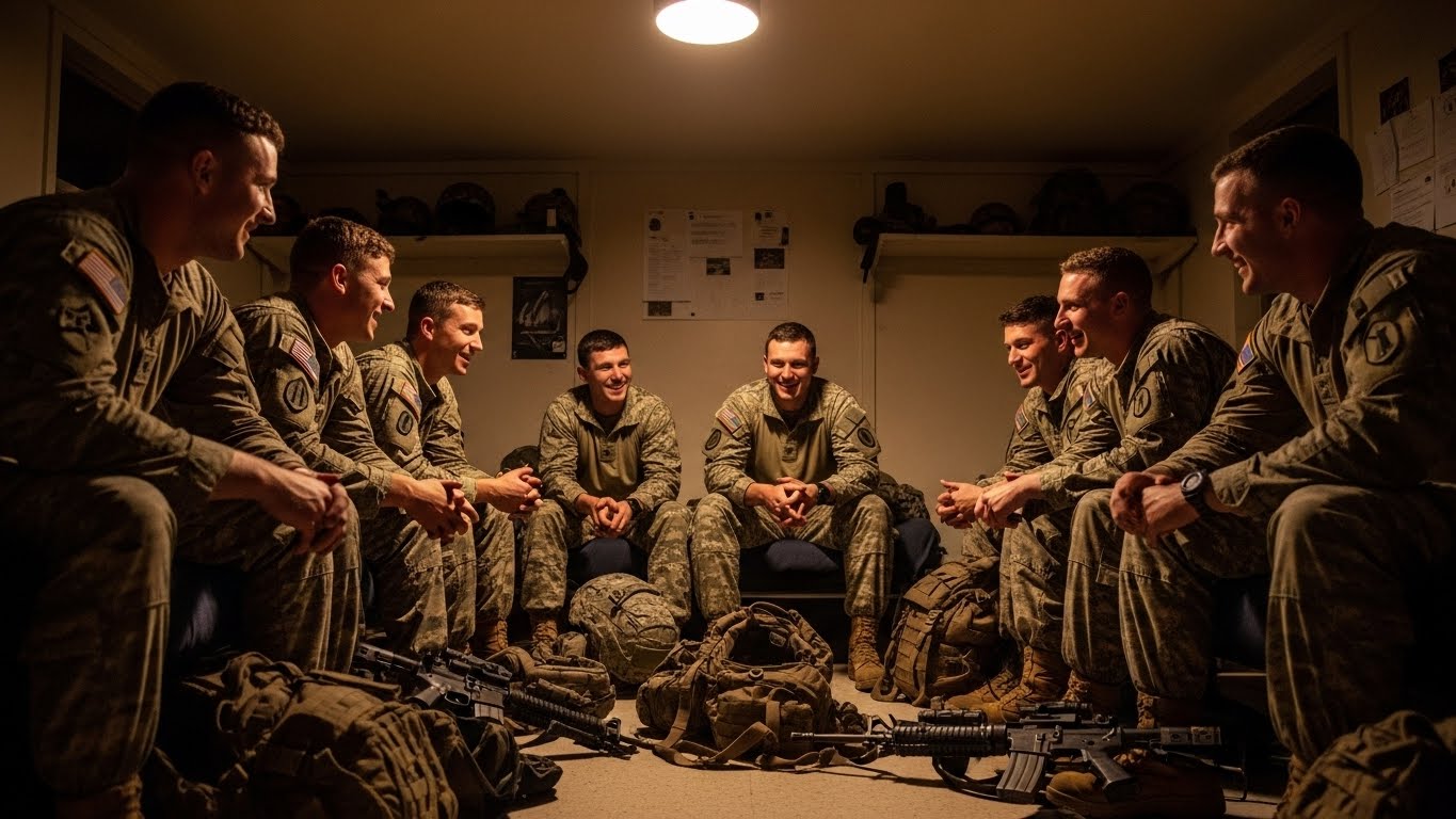 Soldiers in uniform sitting in a circle inside a barracks room, talking and bonding after training.