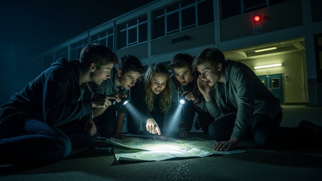 Students huddled on the floor at night planning a prank with flashlights shining on a map.