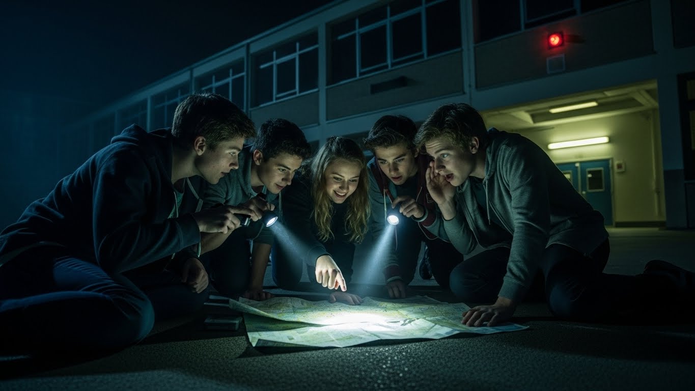 Students huddled on the floor at night planning a prank with flashlights shining on a map.